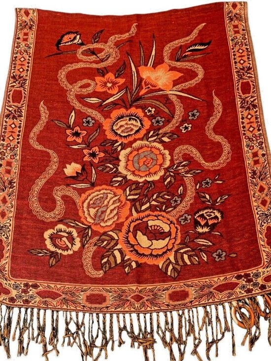 Vintage Asian Theme Large Reversible Fringed Orange Gold Brown Art Scarf Shawl - Picture 1 of 8